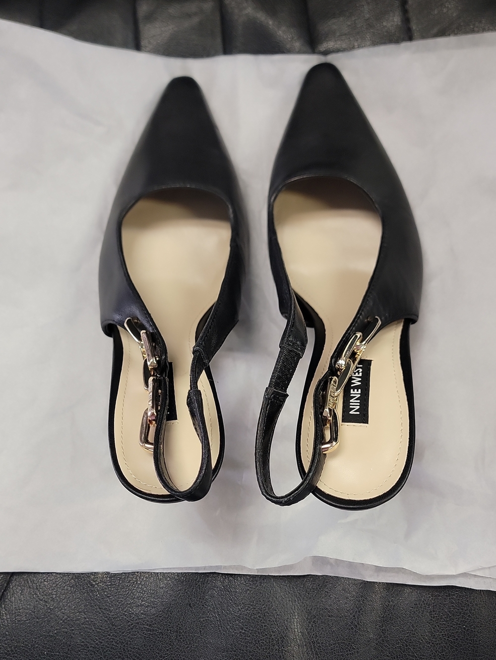 Nine West Black Pointed Slingback Flats with Gold Buckle Detail